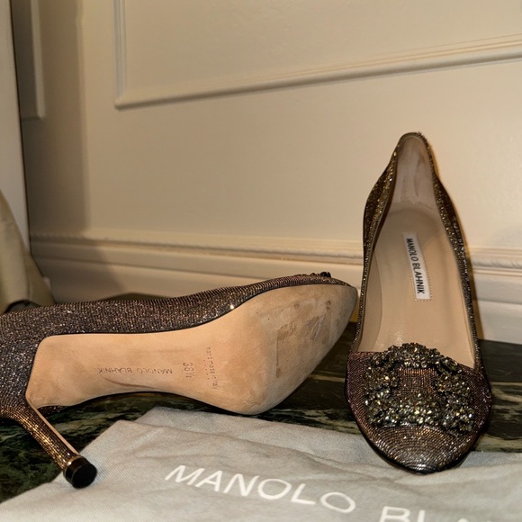 Manolo Blahnik Hangisi Glitter Pumps - Dark Gold Glitter Jewel Buckle Pump - Picture 7 of 10
